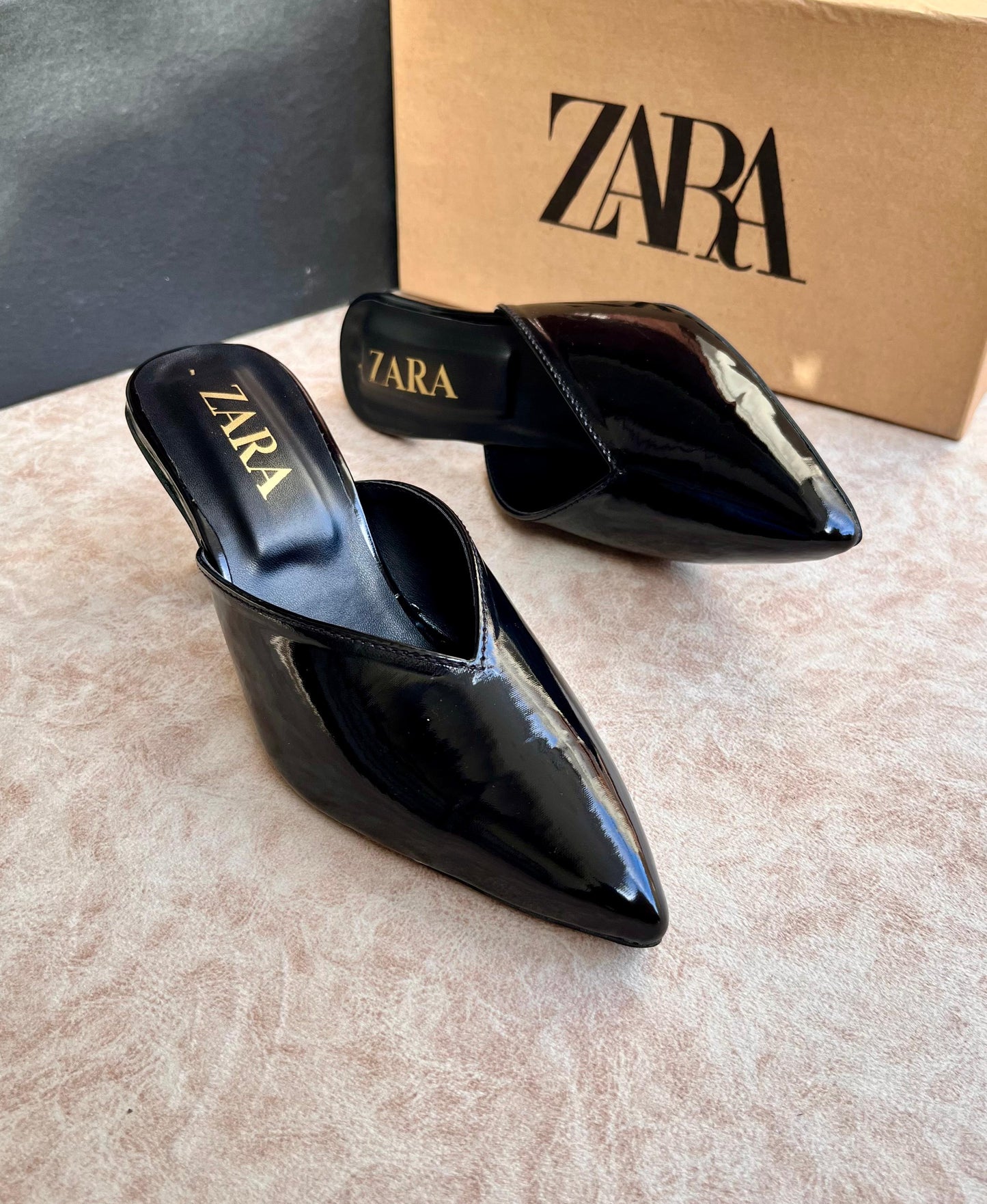 ZARA BLACK PATENT POINTED TOE MULE HEELS