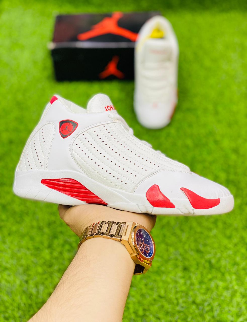 red and white jordan 14s