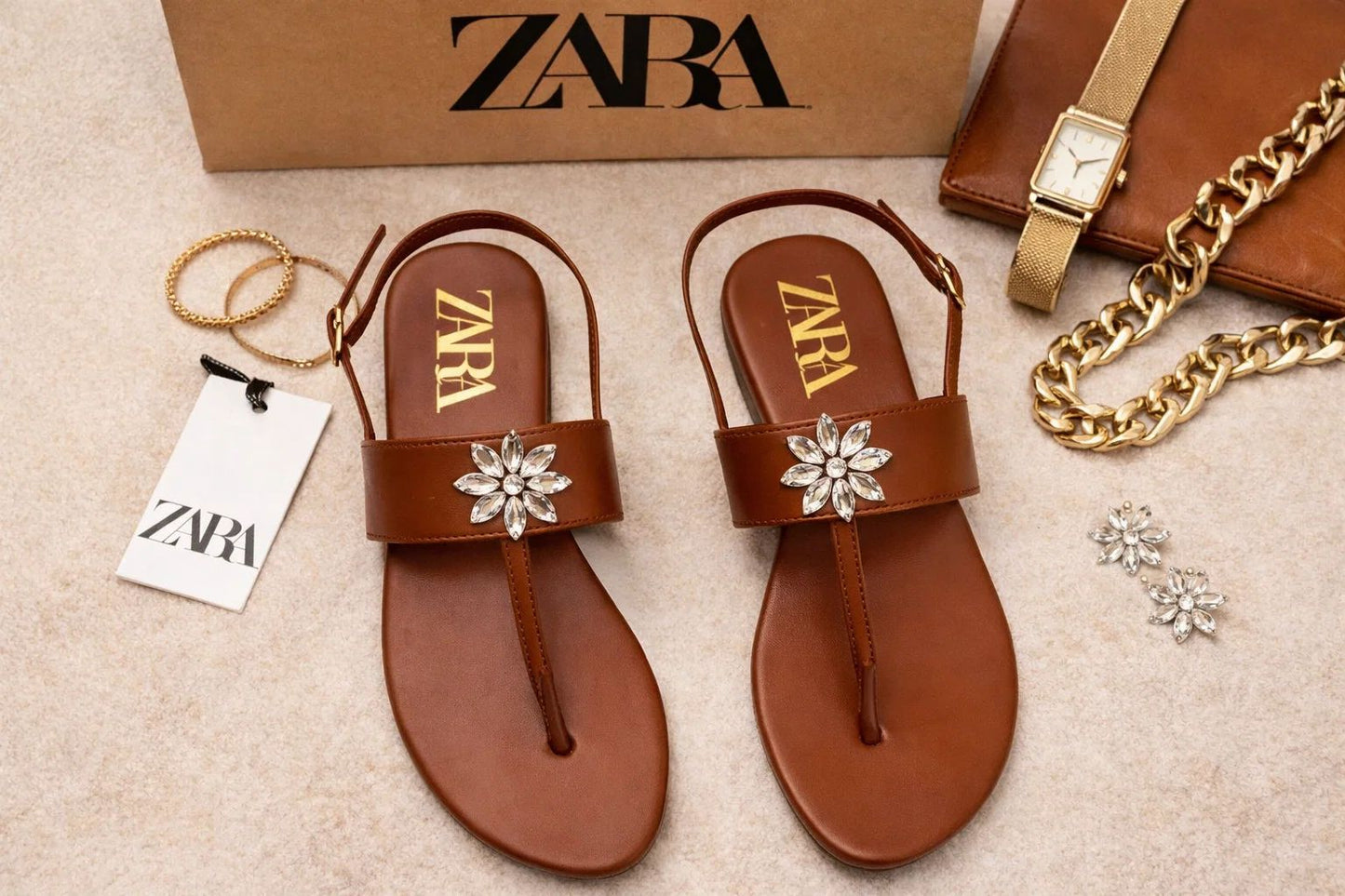 TAN CRYSTAL FLOWER SLINGBACK SANDALS