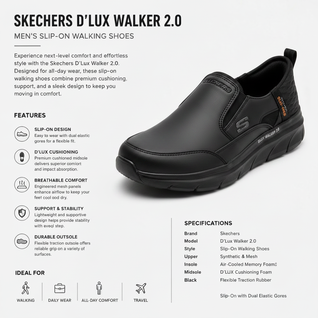Skechers D'Lux Walker 2.0 Black Infographic
