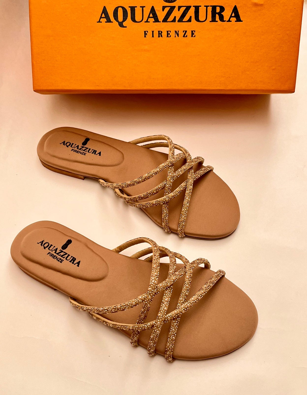 AQUAZZURA FIRENZE CRYSTAL STRAP FLAT SANDALS (BEIGE)