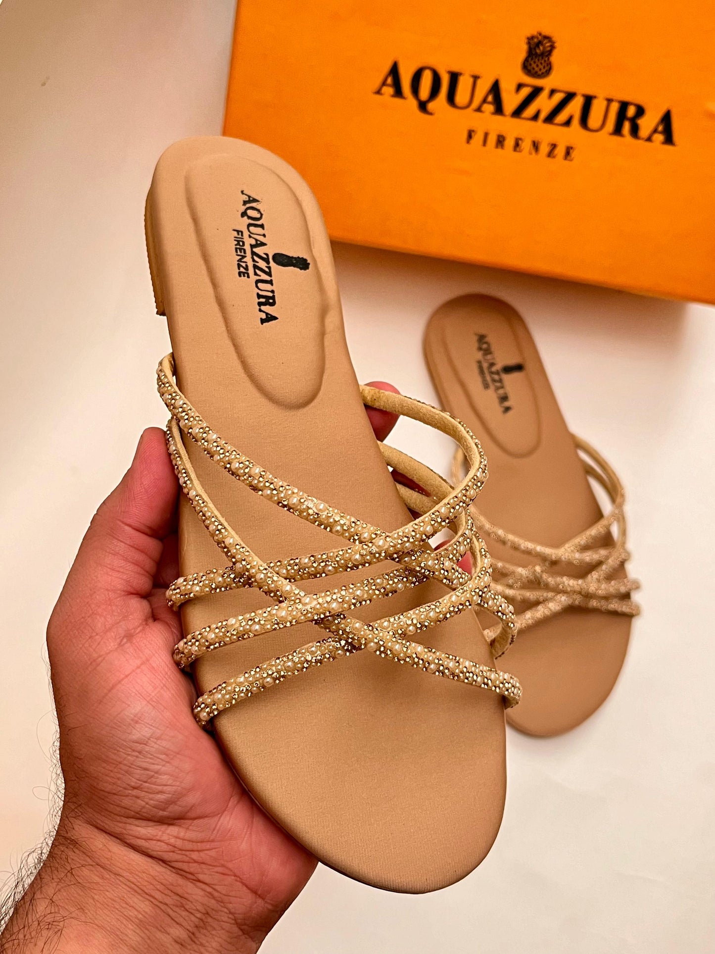 AQUAZZURA FIRENZE CRYSTAL STRAP FLAT SANDALS (BEIGE)