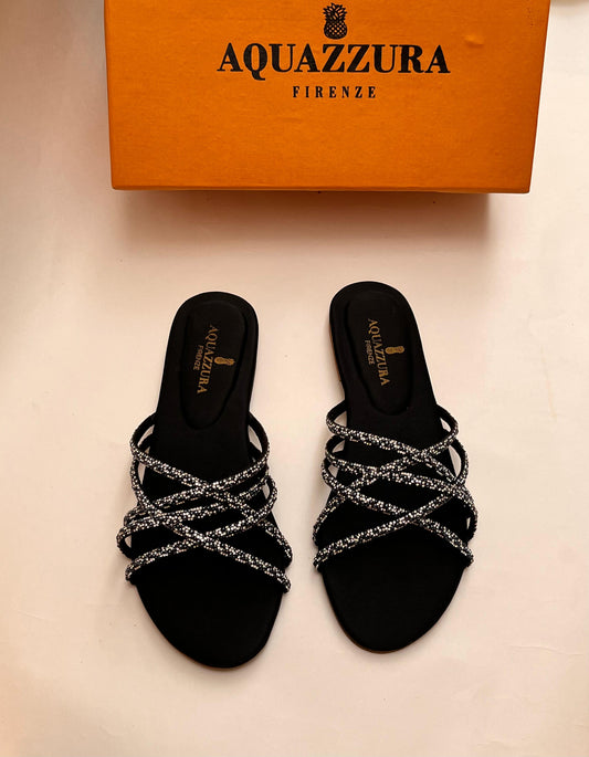 AQUAZZURA FIRENZE CRYSTAL STRAP FLAT SANDALS (BLACK)