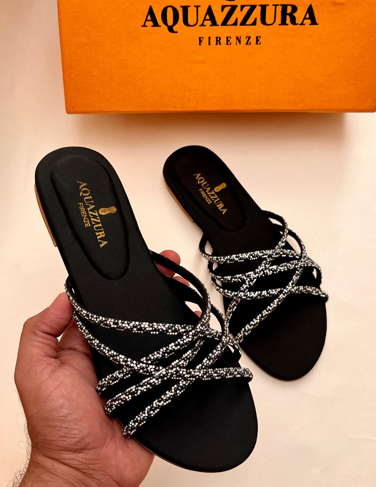 AQUAZZURA FIRENZE CRYSTAL STRAP FLAT SANDALS (BLACK)