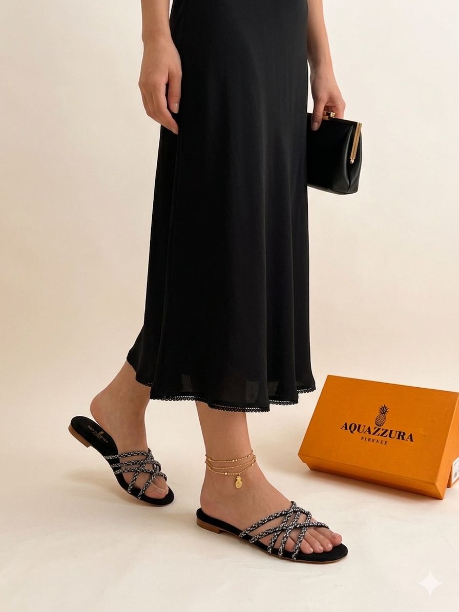 AQUAZZURA FIRENZE CRYSTAL STRAP FLAT SANDALS (BLACK)