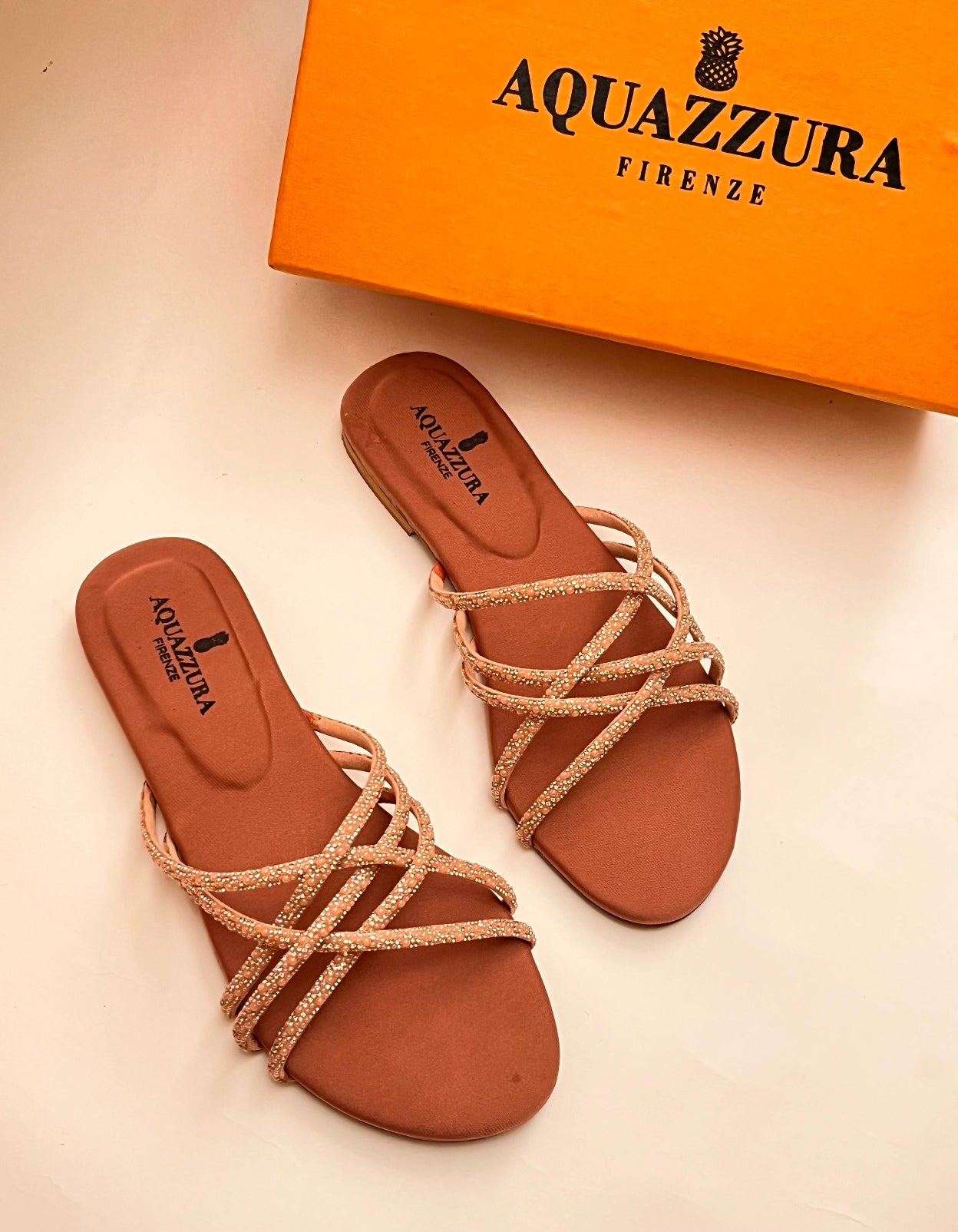 AQUAZZURA FIRENZE CRYSTAL STRAP FLAT SANDALS (NUDE)