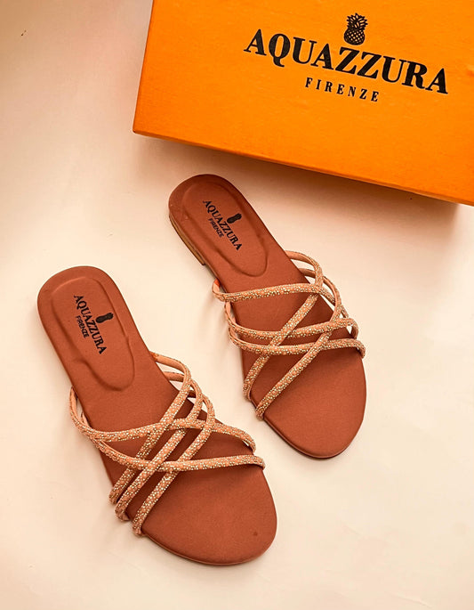 AQUAZZURA FIRENZE CRYSTAL STRAP FLAT SANDALS (NUDE)