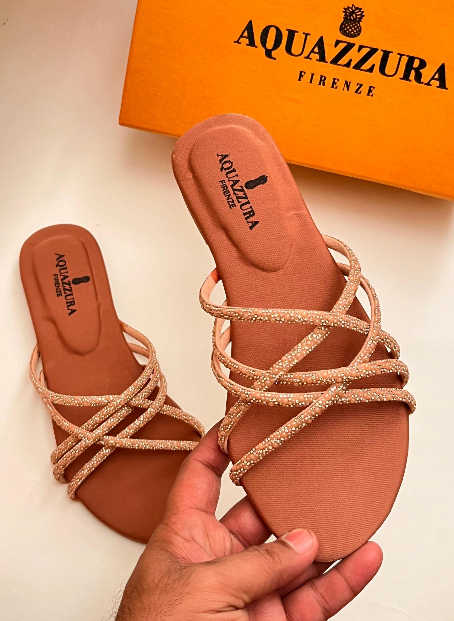 AQUAZZURA FIRENZE CRYSTAL STRAP FLAT SANDALS (NUDE)