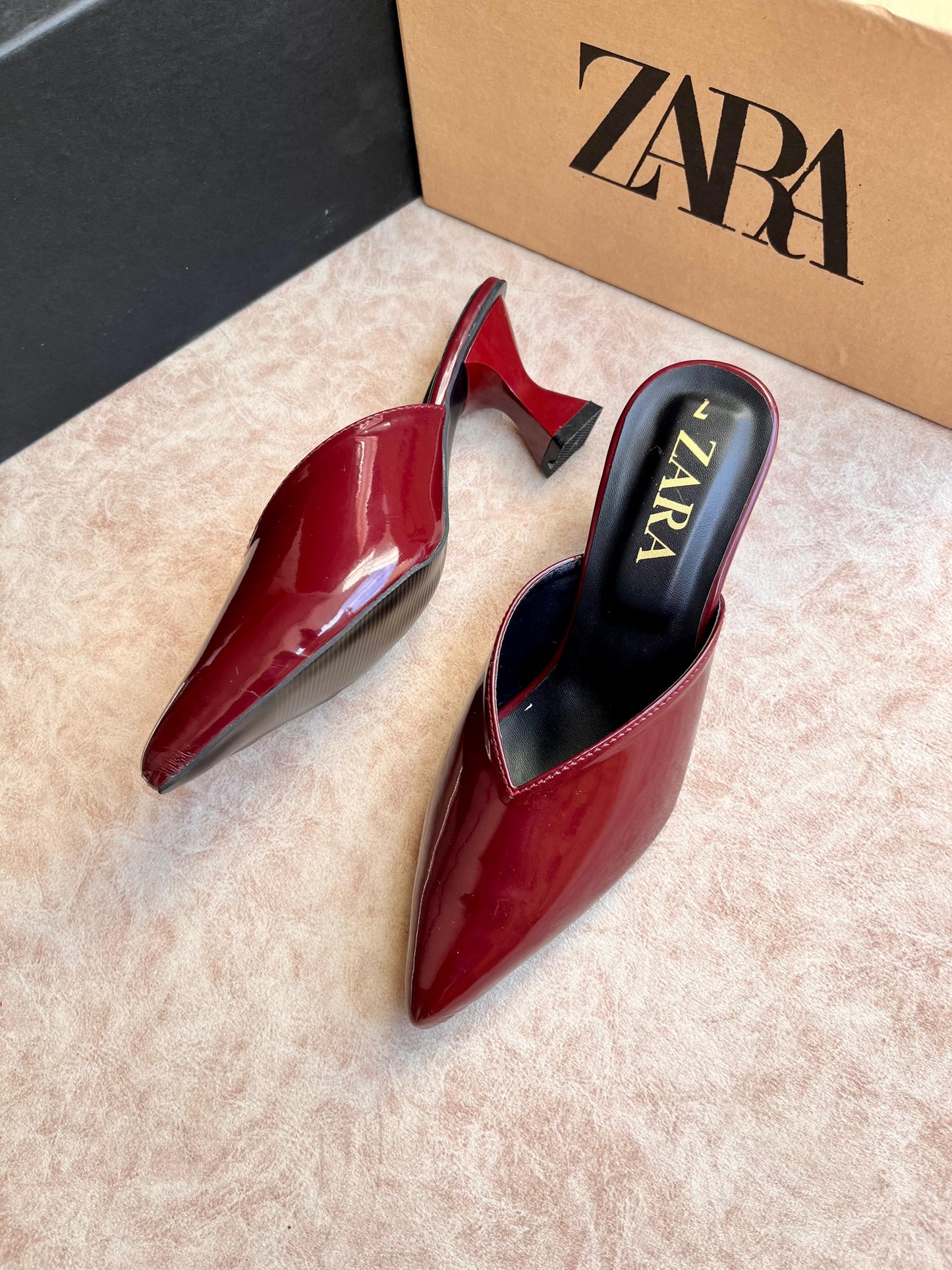 ZARA RED PATENT POINTED TOE MULE HEELS
