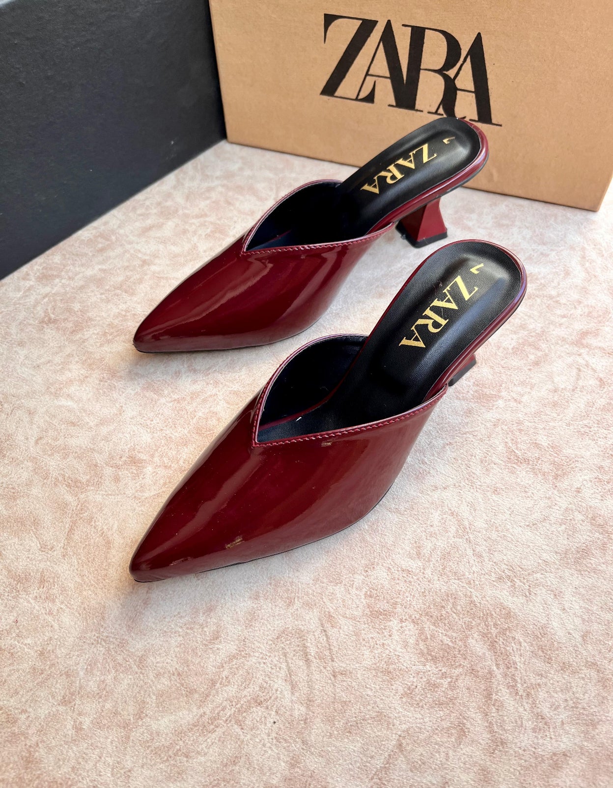 ZARA RED PATENT POINTED TOE MULE HEELS