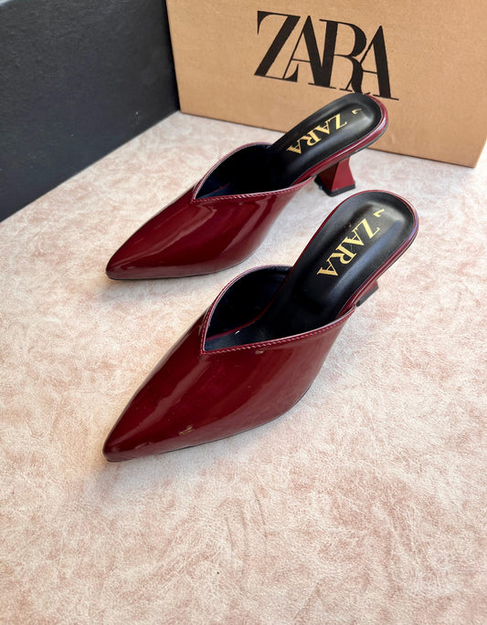 ZARA RED PATENT POINTED TOE MULE HEELS
