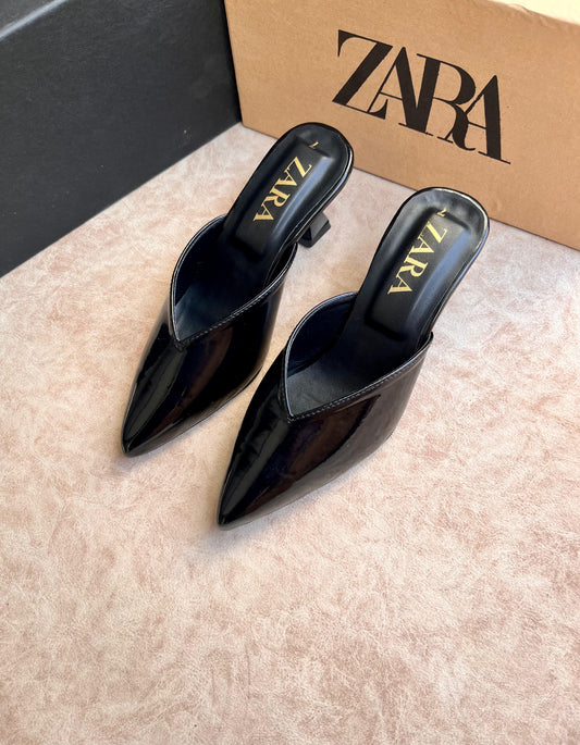 ZARA BLACK PATENT POINTED TOE MULE HEELS