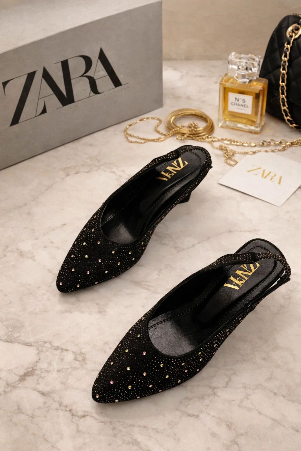BLACK CRYSTAL EMBELLISHED SLINGBACK HEELS
