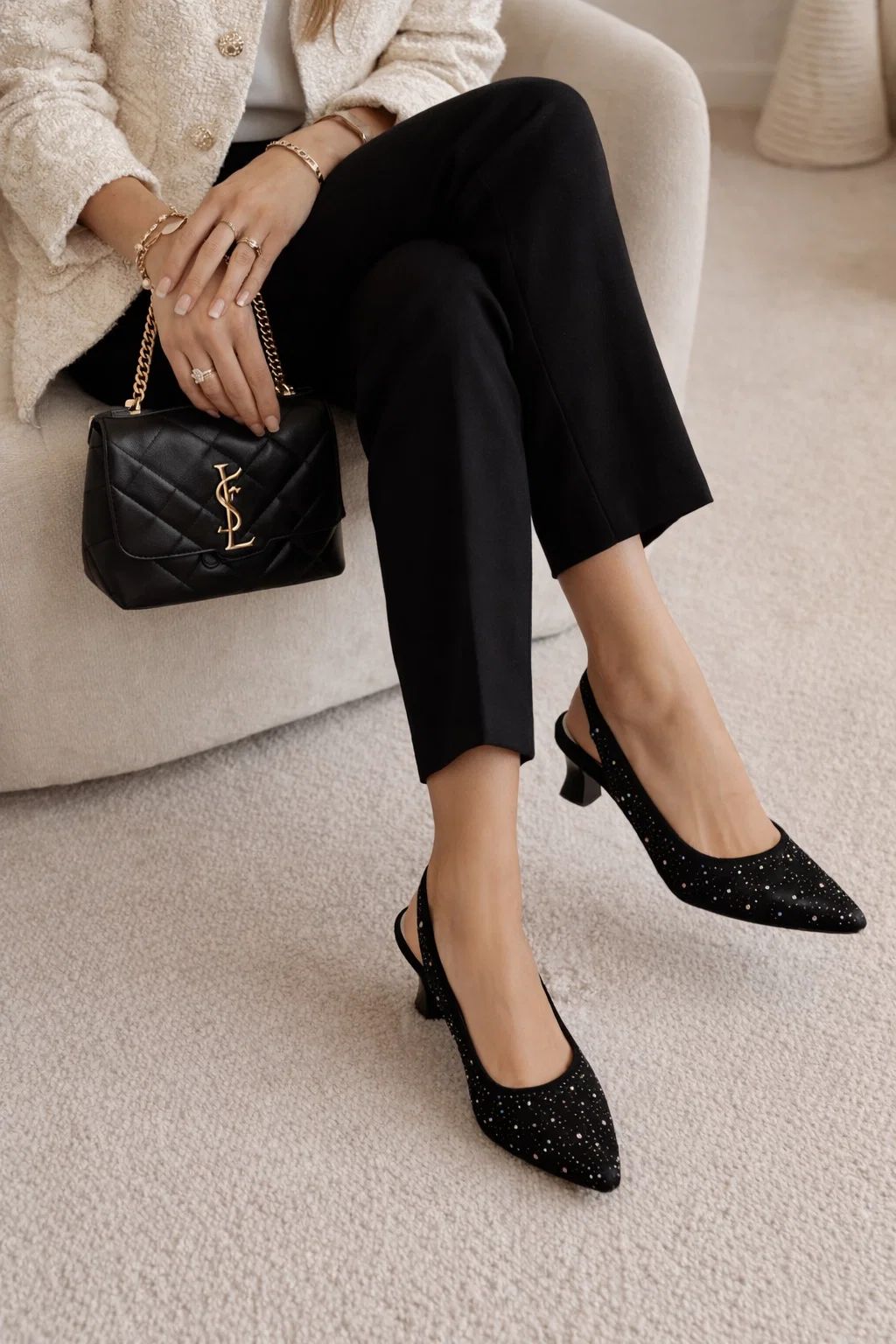 BLACK CRYSTAL EMBELLISHED SLINGBACK HEELS
