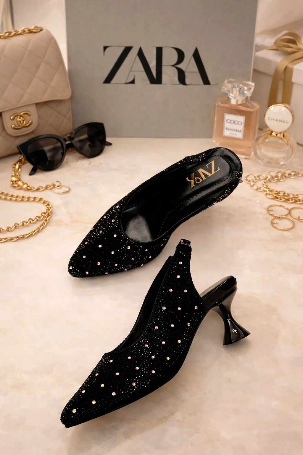 BLACK CRYSTAL EMBELLISHED SLINGBACK HEELS