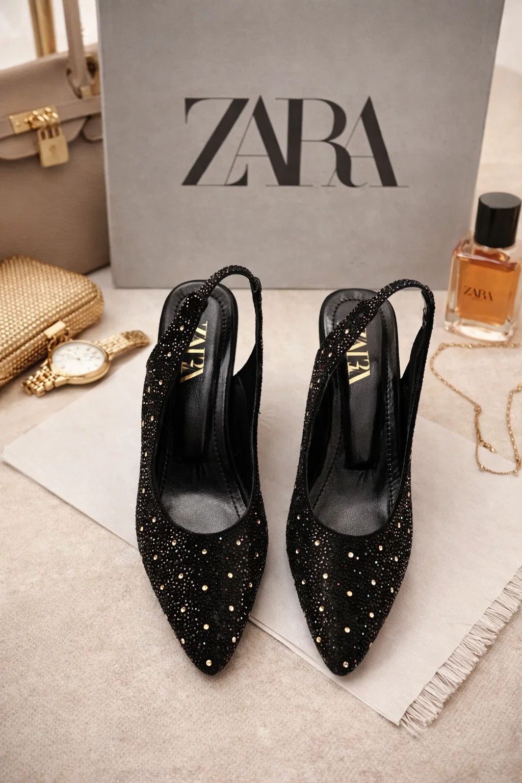 BLACK CRYSTAL EMBELLISHED SLINGBACK HEELS