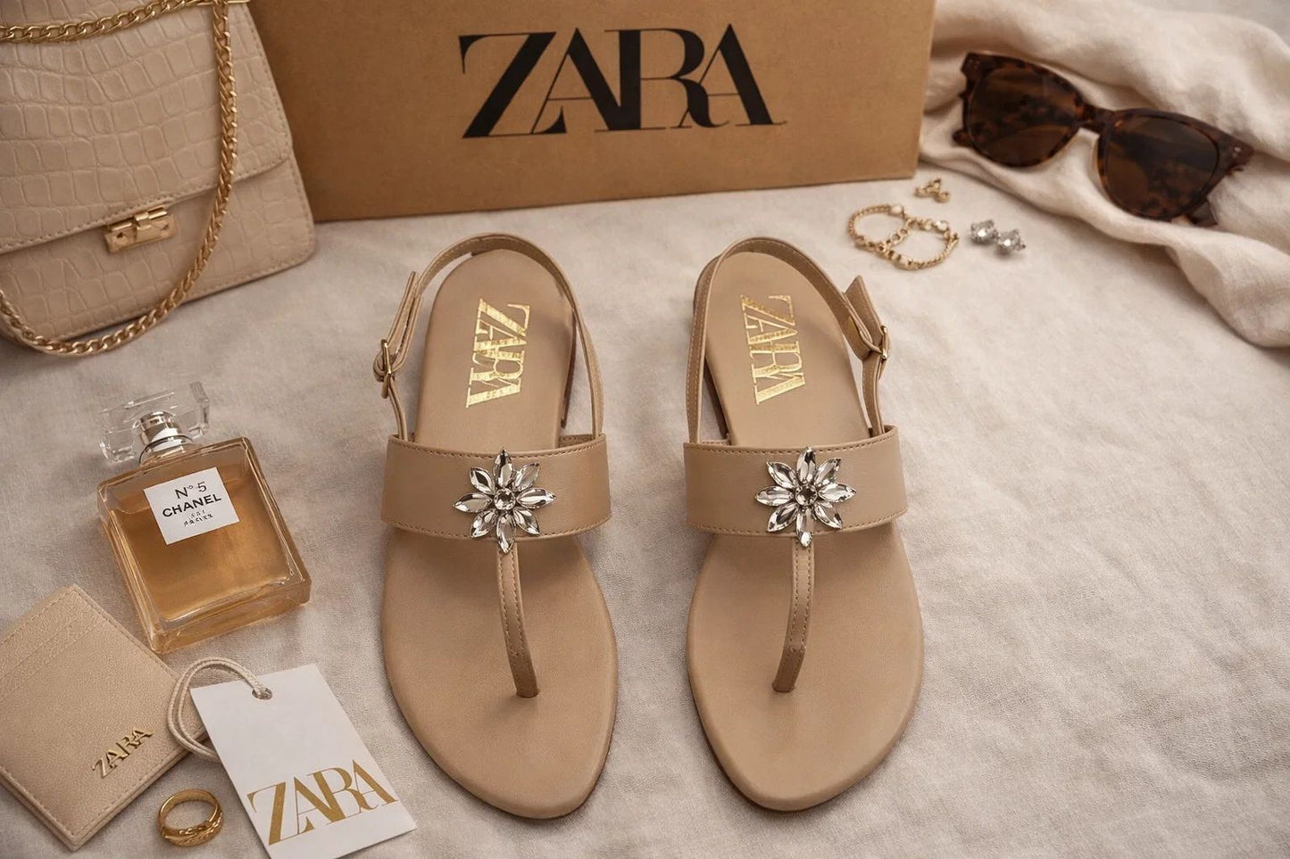 NUDE CRYSTAL FLOWER SLINGBACK SANDALS