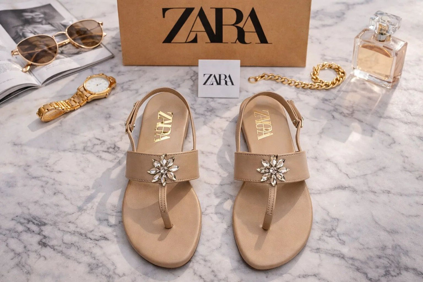 NUDE CRYSTAL FLOWER SLINGBACK SANDALS