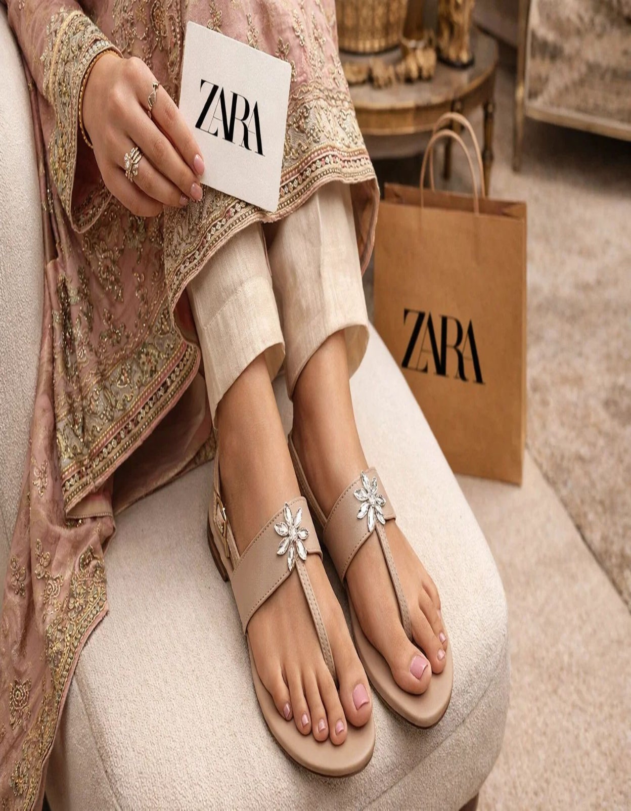 NUDE CRYSTAL FLOWER SLINGBACK SANDALS