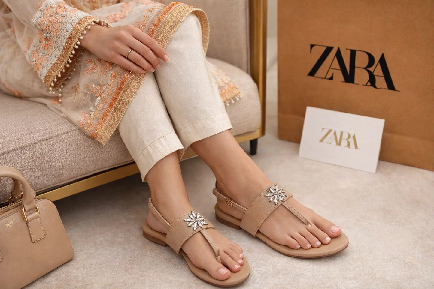 NUDE CRYSTAL FLOWER SLINGBACK SANDALS