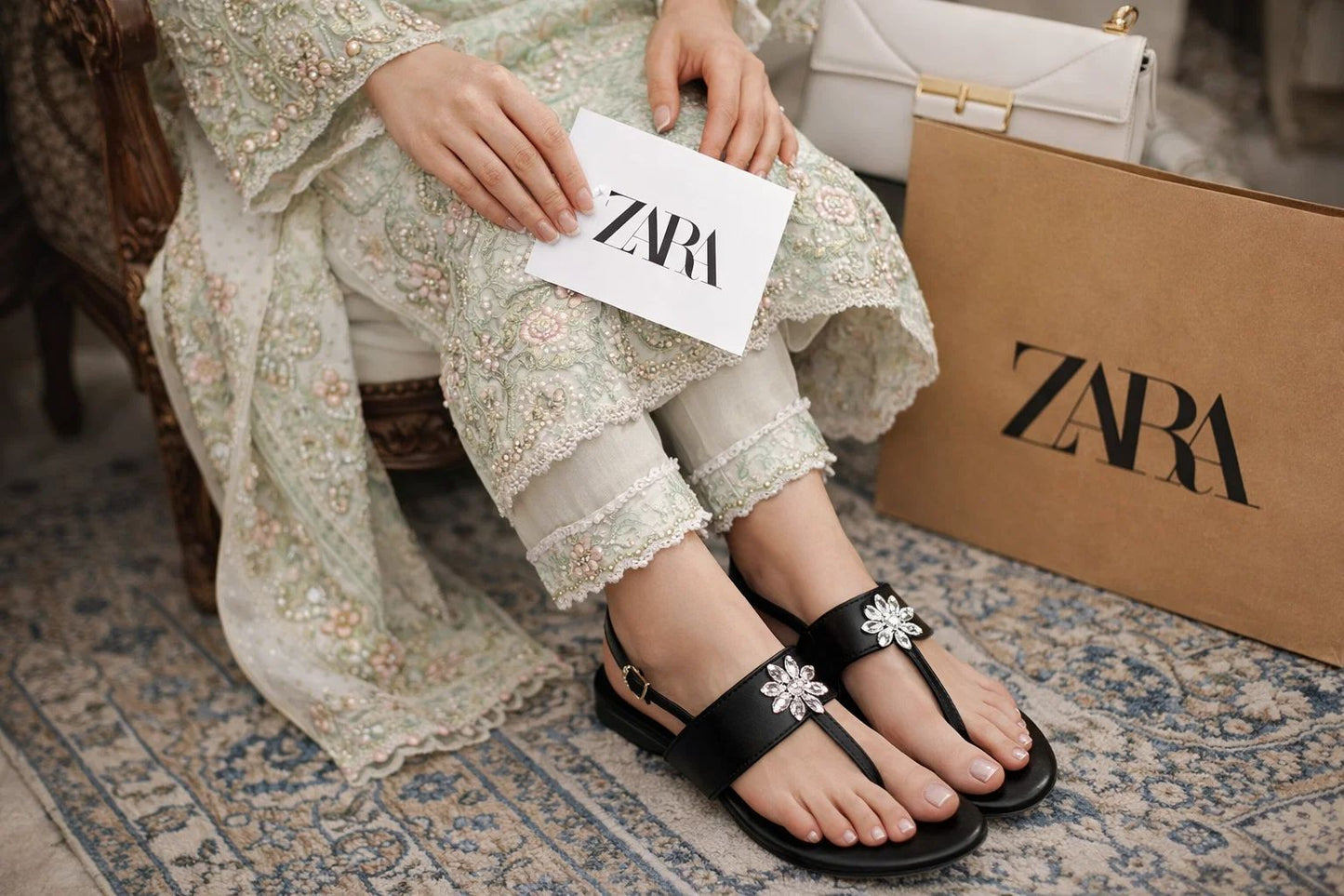 BLACK CRYSTAL FLOWER SLINGBACK SANDALS