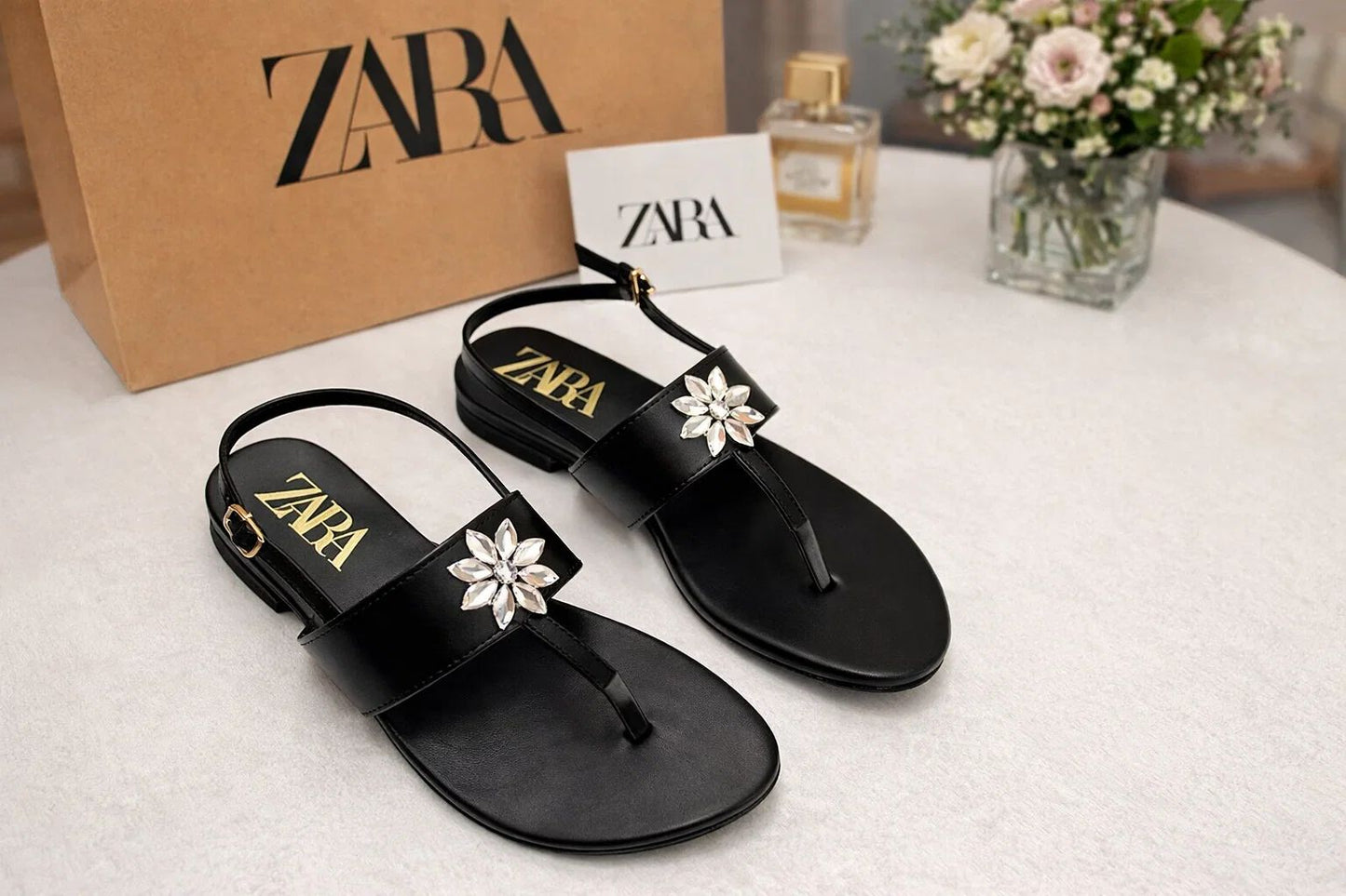 BLACK CRYSTAL FLOWER SLINGBACK SANDALS