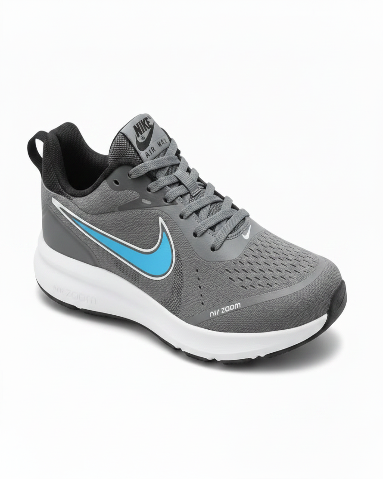 Nike Air Zoom grey blue swoosh centered facing left premium studio shot