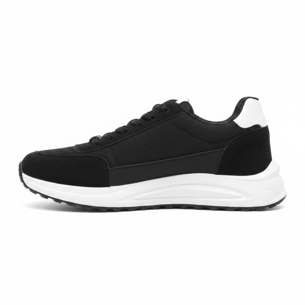 Black Suede Sneaker with white sole on white background