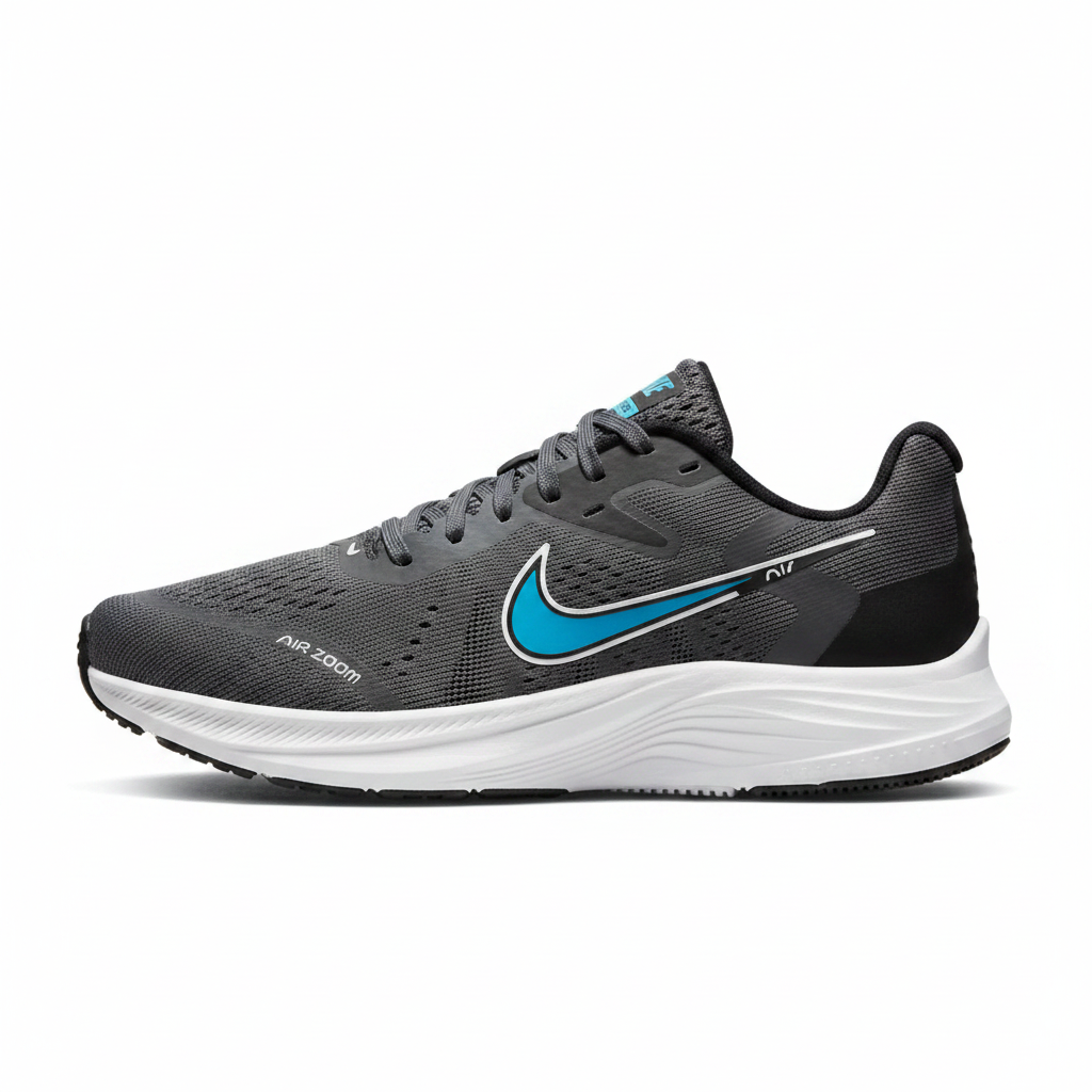 Nike Air Zoom Grey Blue Swoosh side profile on white background
