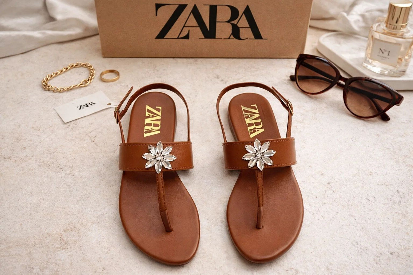 TAN CRYSTAL FLOWER SLINGBACK SANDALS