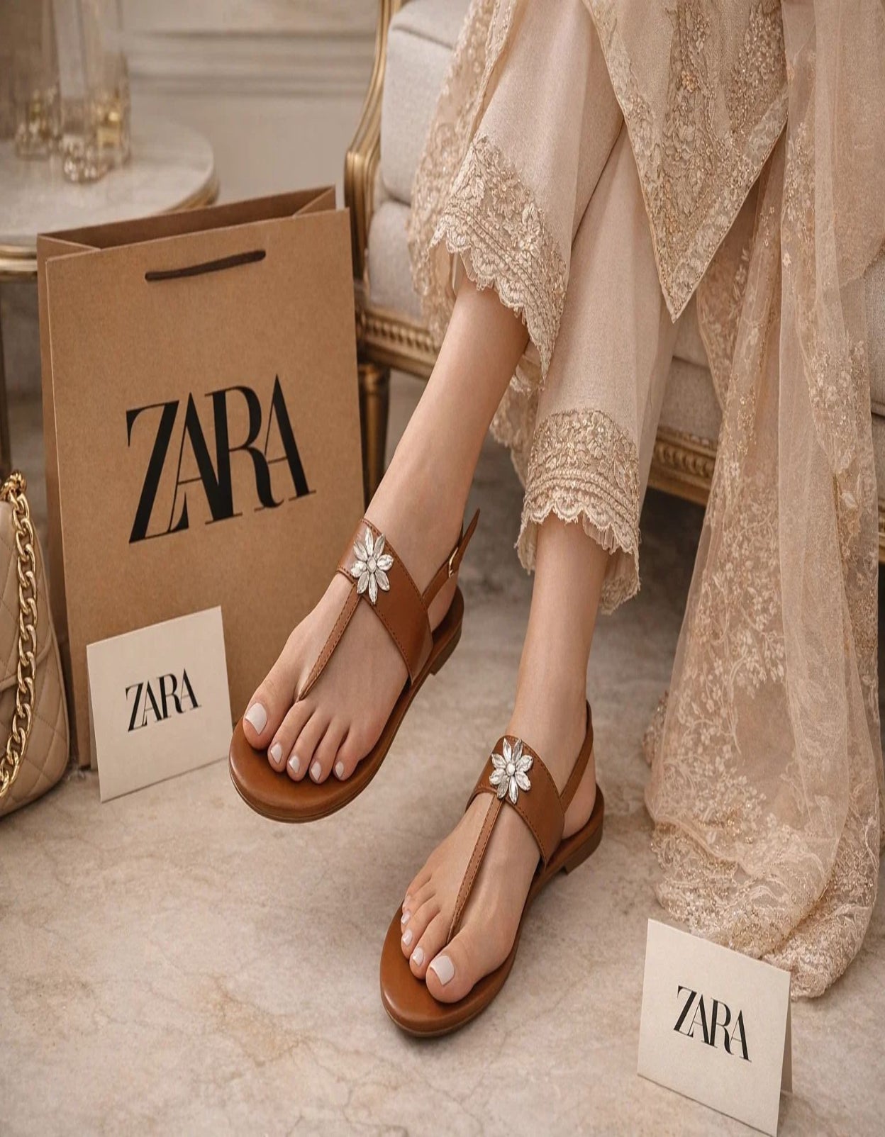 TAN CRYSTAL FLOWER SLINGBACK SANDALS