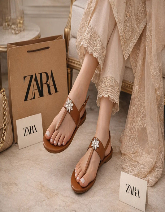 TAN CRYSTAL FLOWER SLINGBACK SANDALS