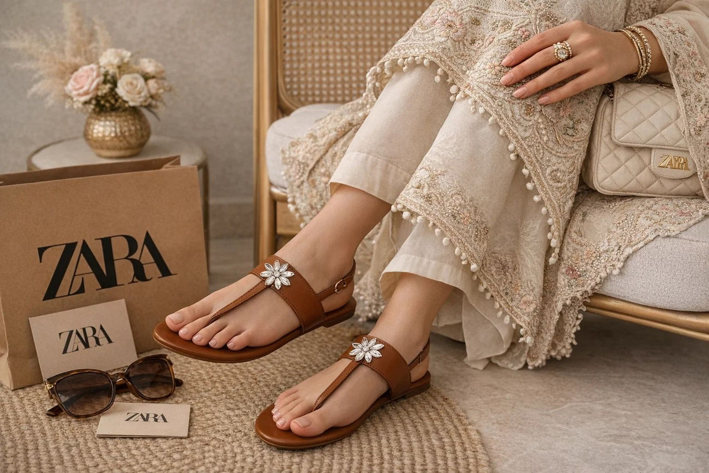 TAN CRYSTAL FLOWER SLINGBACK SANDALS
